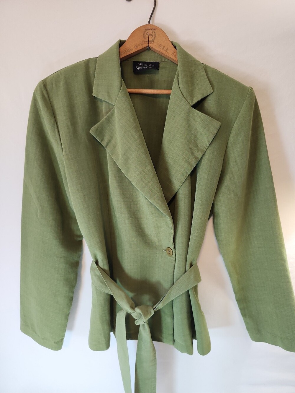Vintage 80's 90's Women's Single Button Blazer Olive Green Tie Closure Medium